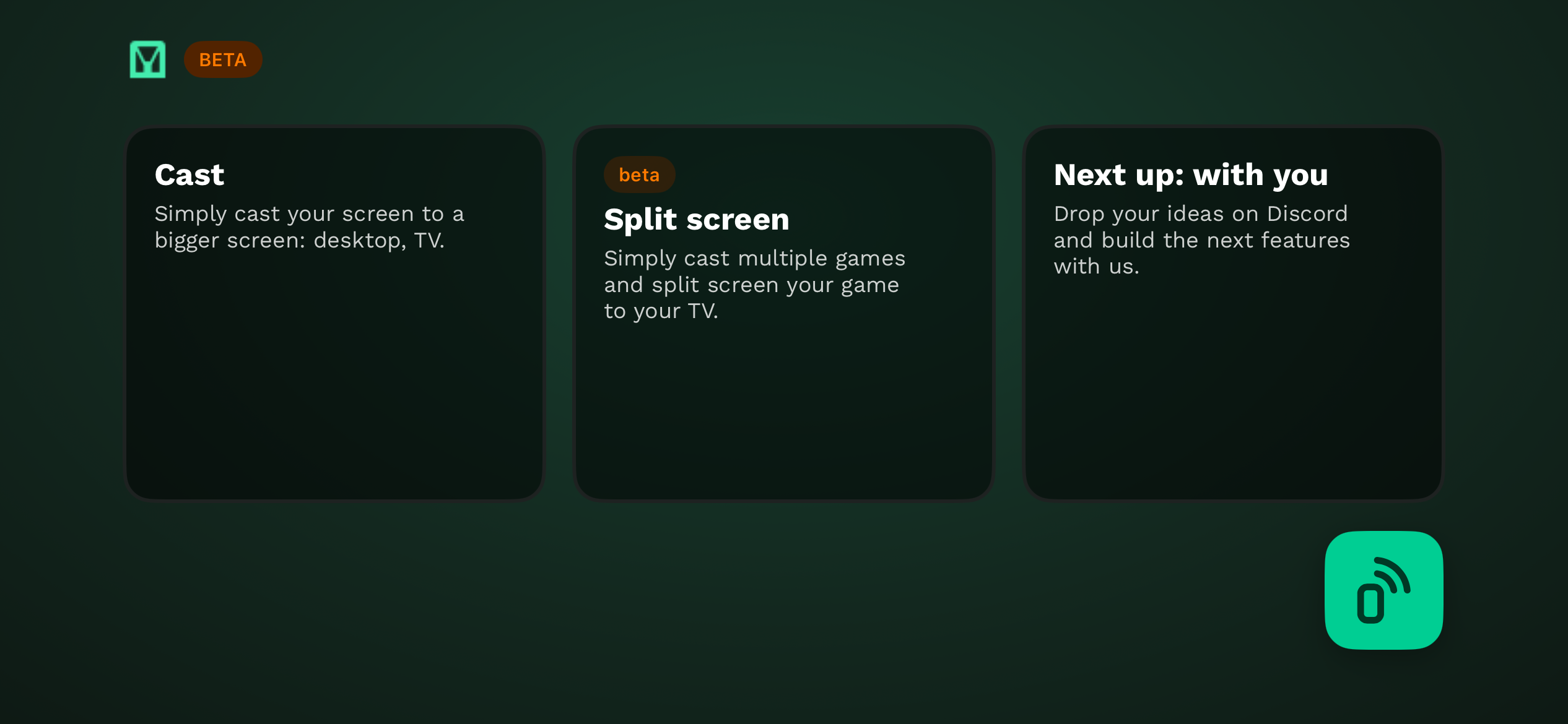 The GCast home screen showing Cast, Split Screen, and community feature cards