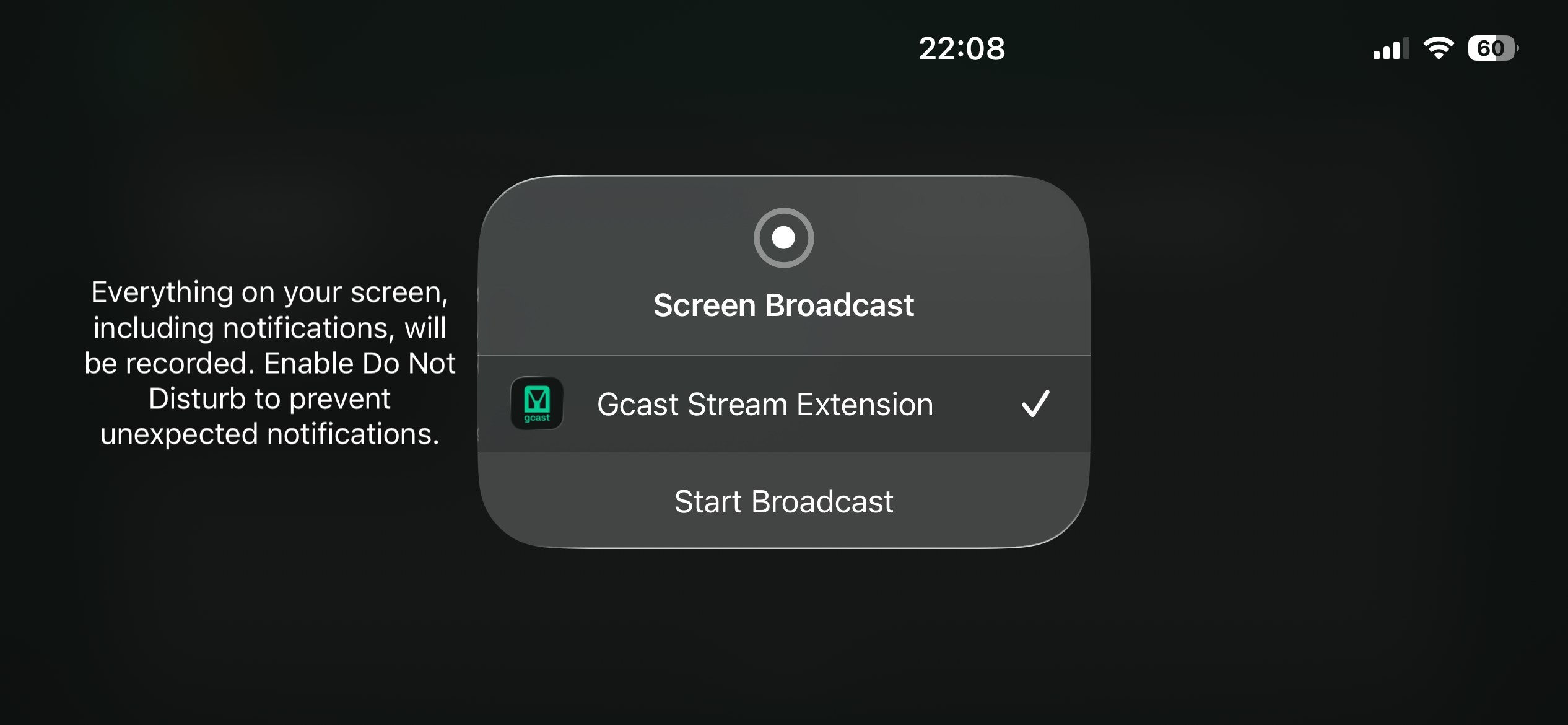 iOS Screen Broadcast prompt with GCast Stream Extension selected