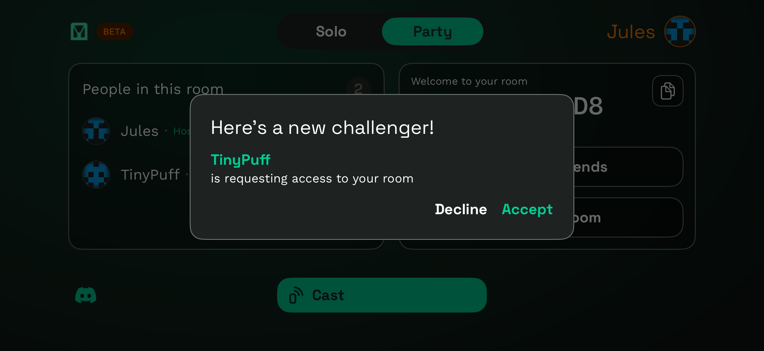 GCast notification showing TinyPuff is requesting access with Accept and Decline buttons