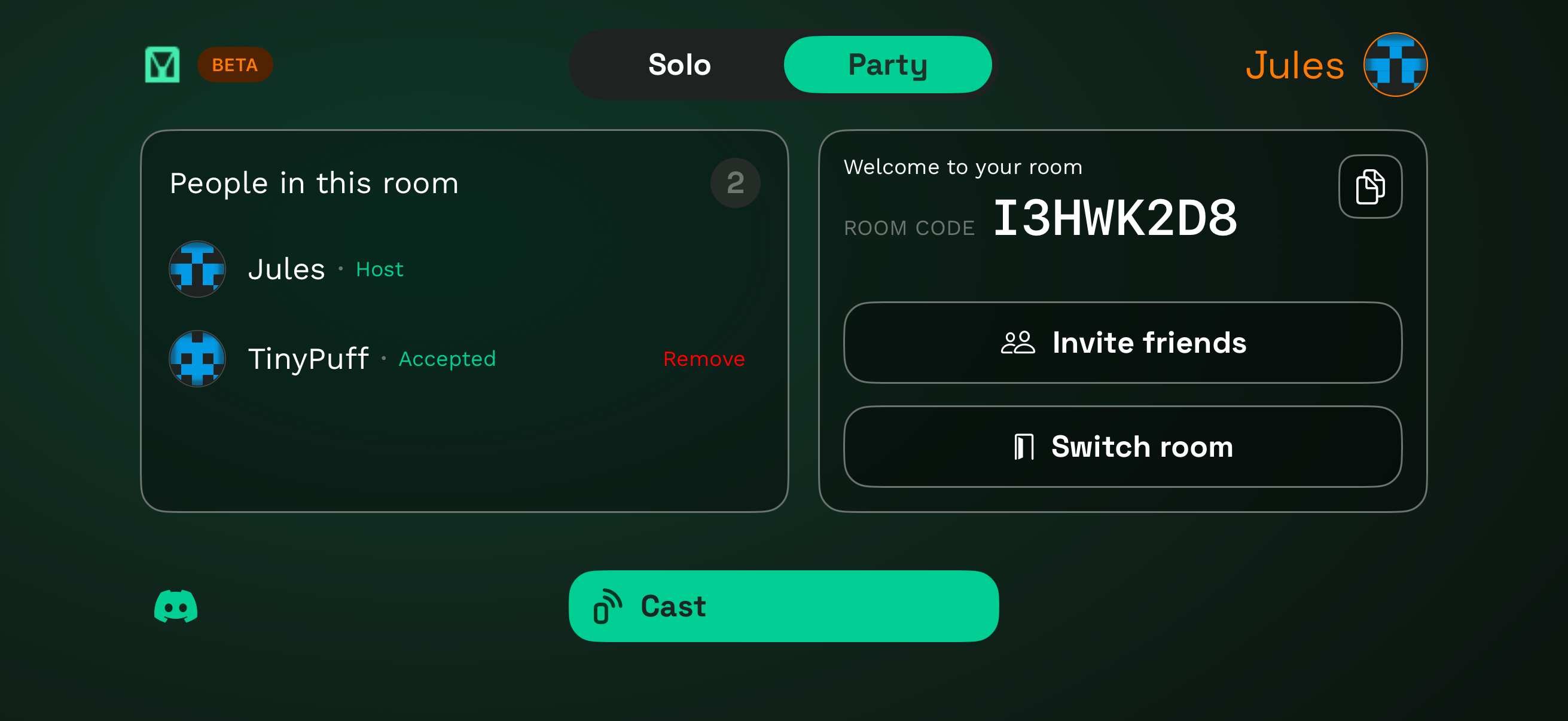 GCast room with Jules as Host and TinyPuff accepted, Cast button highlighted