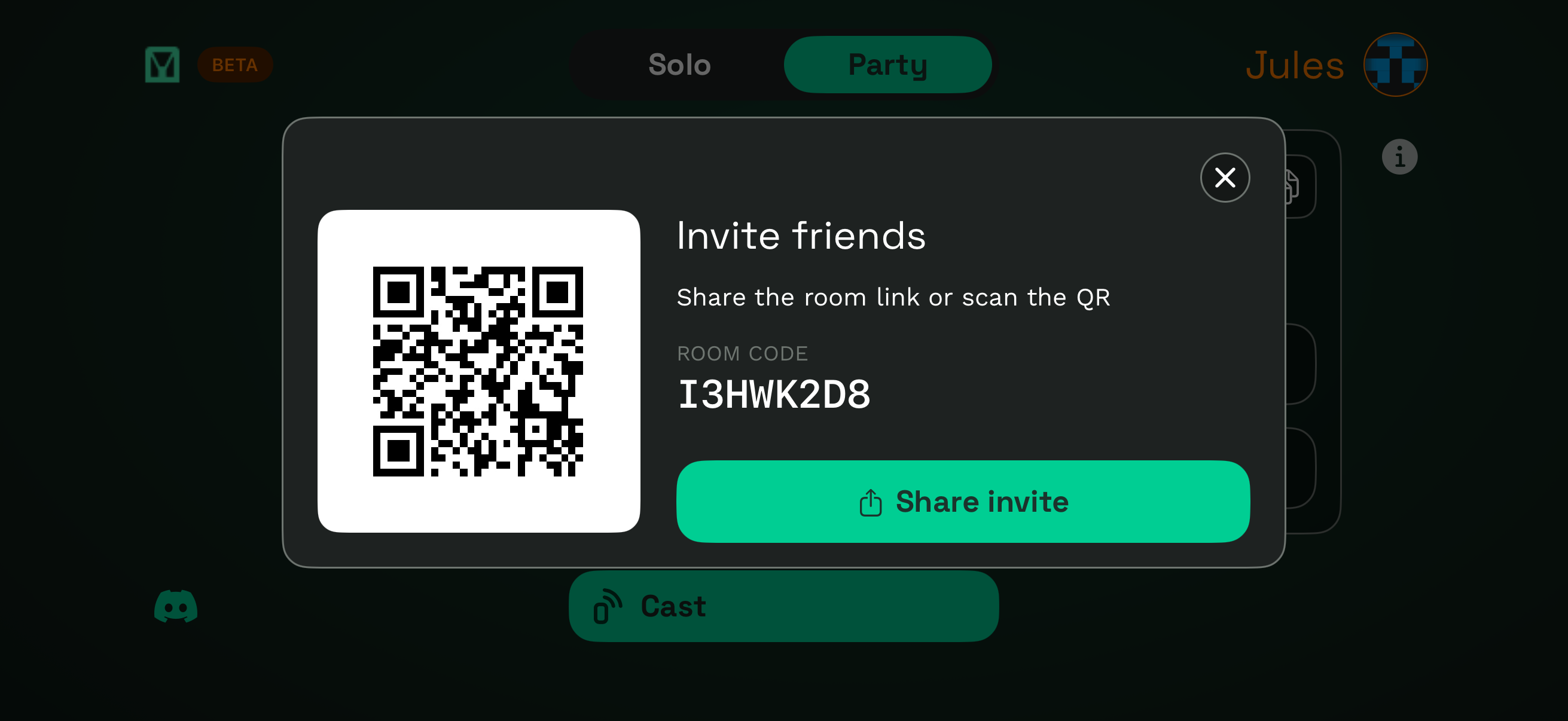 GCast Invite friends modal showing QR code, room code, and Share invite button