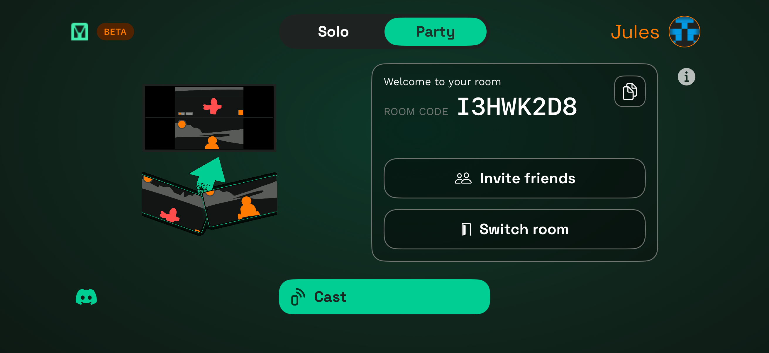 GCast Party room created with room code visible and Invite friends button