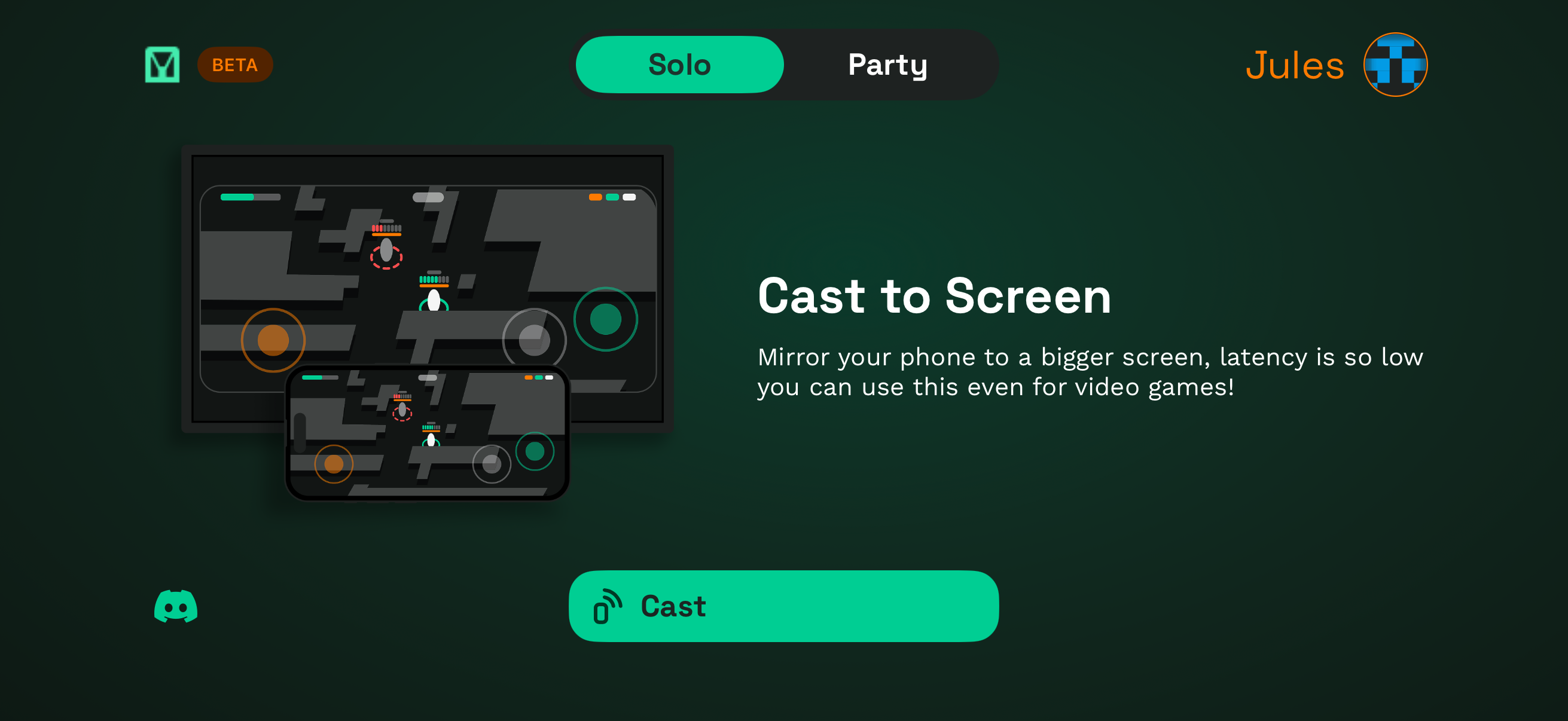 GCast home screen with Solo mode selected and Party tab visible