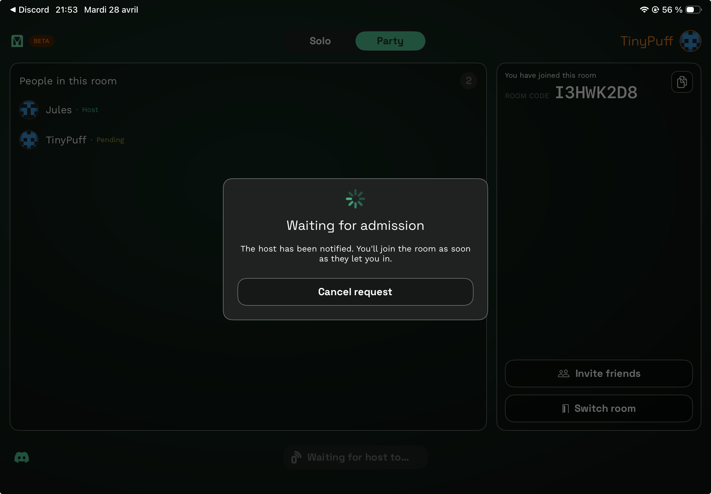 iPad showing GCast Waiting for admission screen with cancel request button